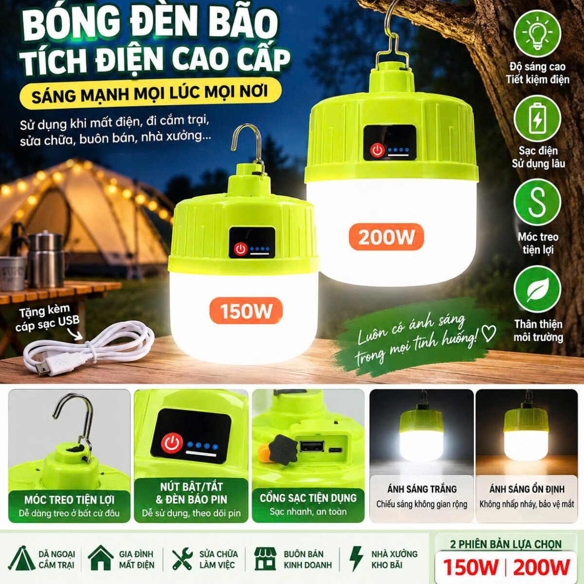 BÓNG ĐÈN XANH SẠC TÍCH ĐIỆN TREO 150W- 200W