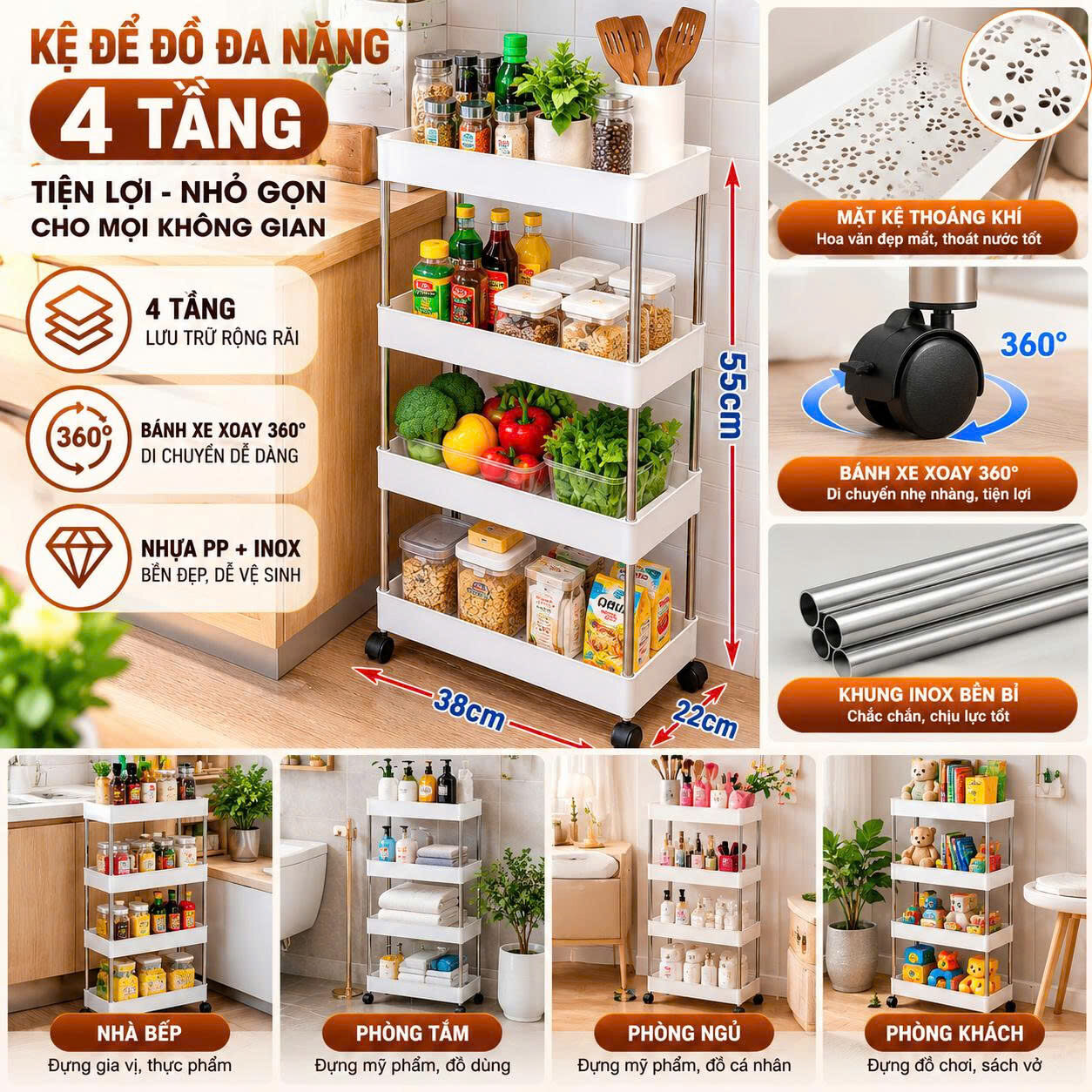 KỆ NHỰA ĐA NĂNG 4 TẦNG CÓ BÁNH XE 1 KỆ NHỰA ĐA NĂNG 4 TẦNG CÓ BÁNH XE