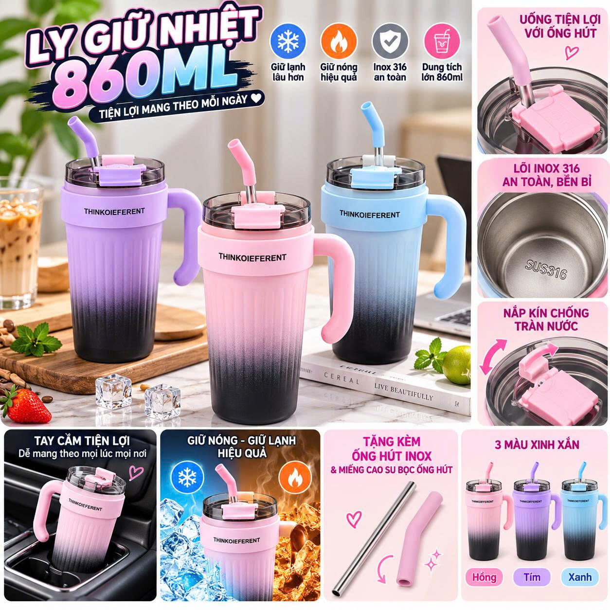 LY GIỮ NHIỆT CÓ QUAI 860ML KÈM ỐNG HÚT 1 LY GIỮ NHIỆT CÓ QUAI 860ML KÈM ỐNG HÚT