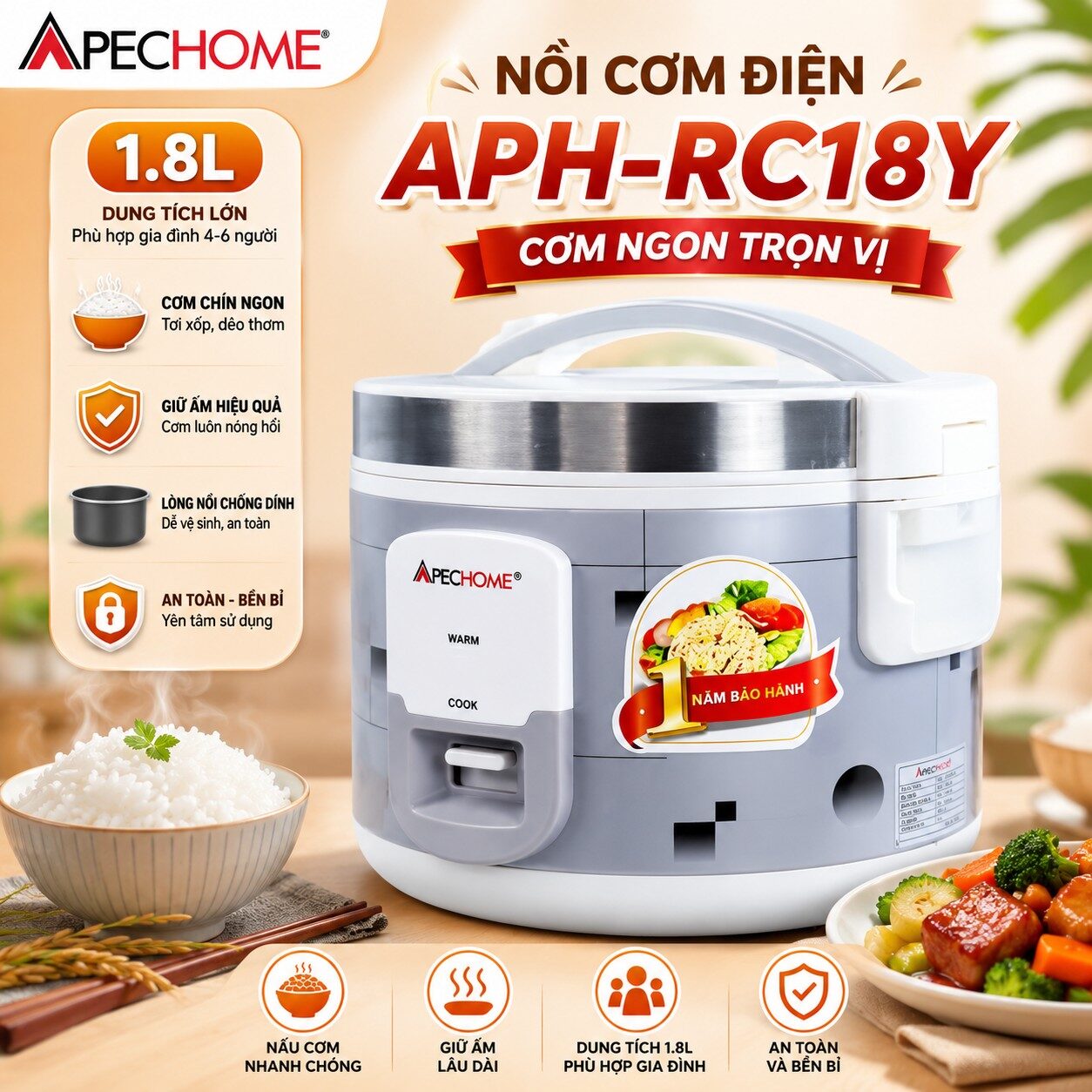 NỒI CƠM ĐIỆN APECHOME APH -RC12Y ( 1.2L NẮP GÀI)
