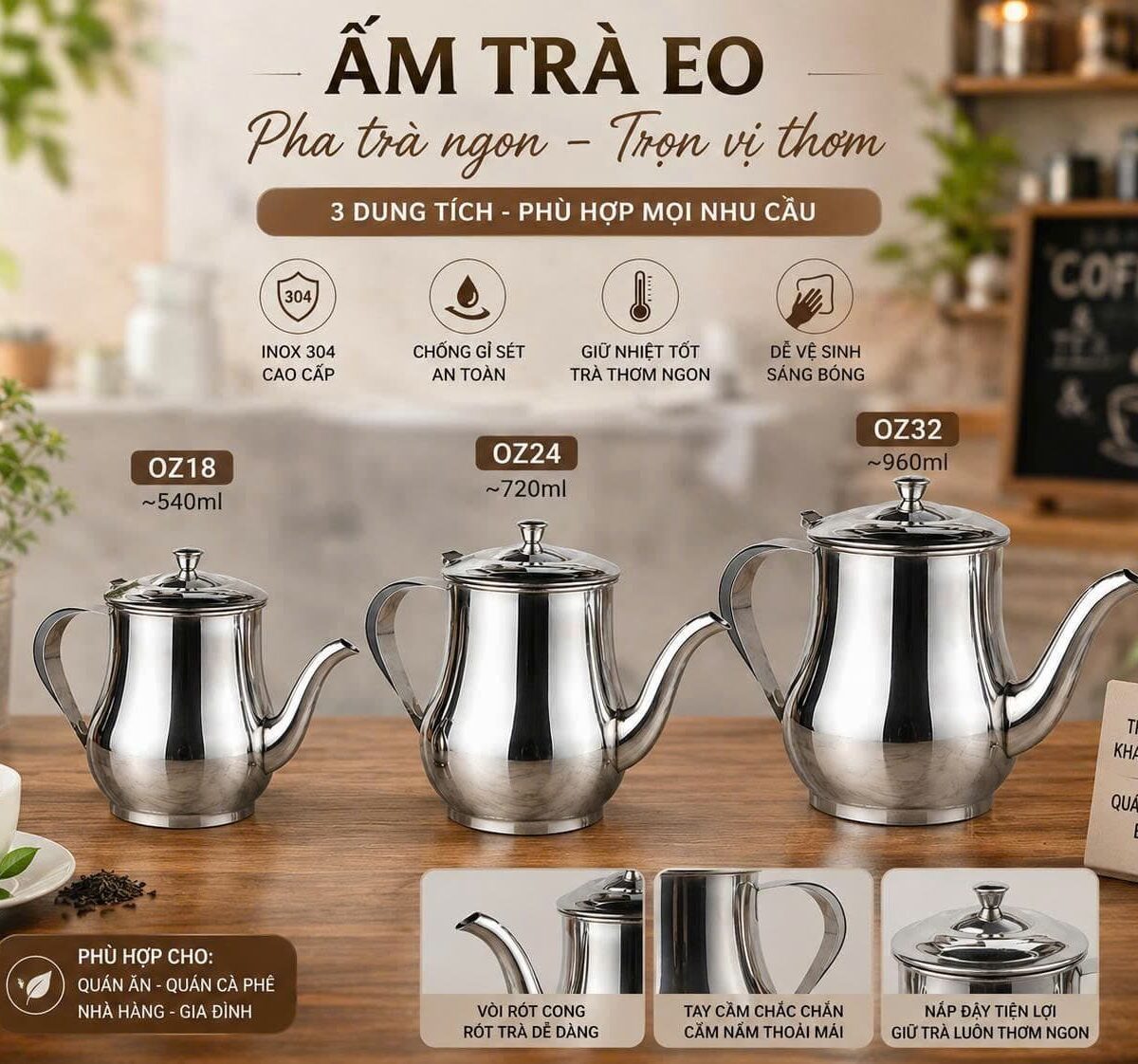 ẤM PHA TRÀ INOX CÓ VÒI 500ML - 900ML