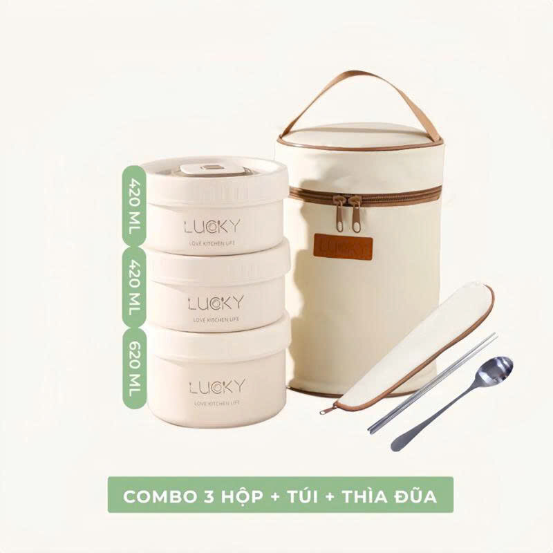 HỘP CƠM 3 TÂNG LUCKY KÈM TÚI NHIỆT MUỖNG ĐŨA 6 4 126