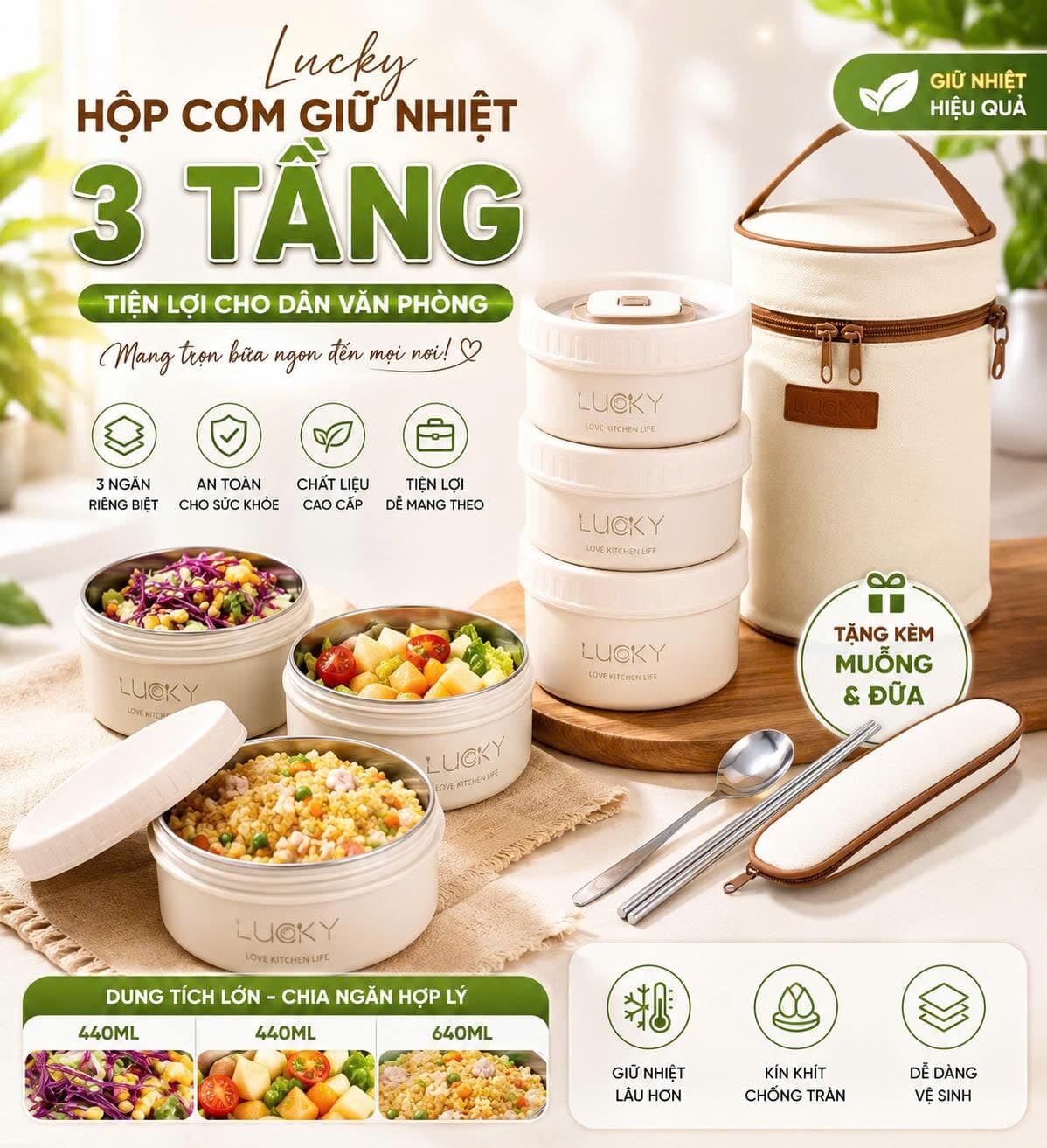 HỘP CƠM 3 TÂNG LUCKY KÈM TÚI NHIỆT MUỖNG ĐŨA 1 HỘP CƠM 3 TÂNG LUCKY KÈM TÚI NHIỆT MUỖNG ĐŨA