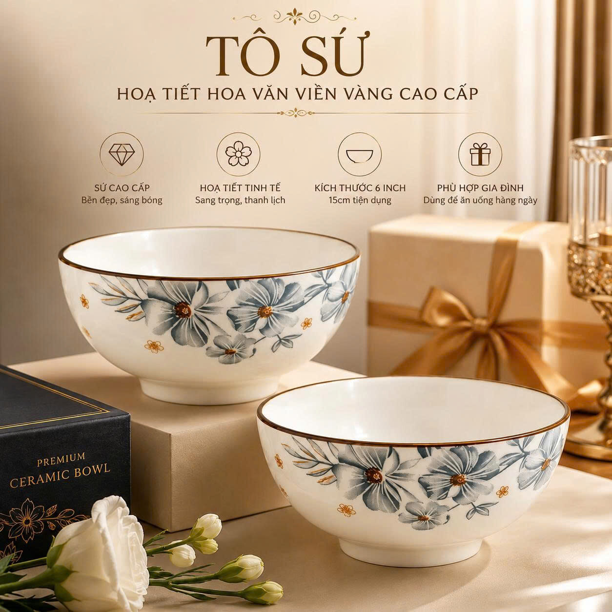 TÔ SỨ HOẠ TIẾT HOA VĂN VIỀN VÀNG 6 INCH