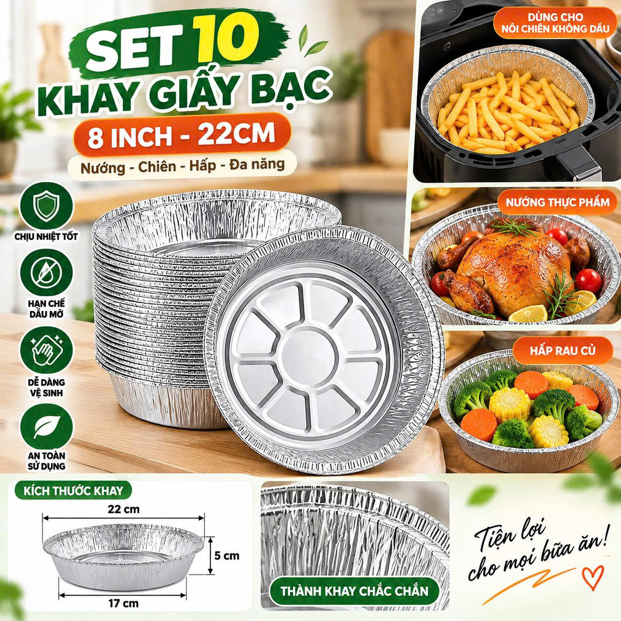 SET 10 KHAY GIẤY BẠC NỒI CHIÊN 22CM