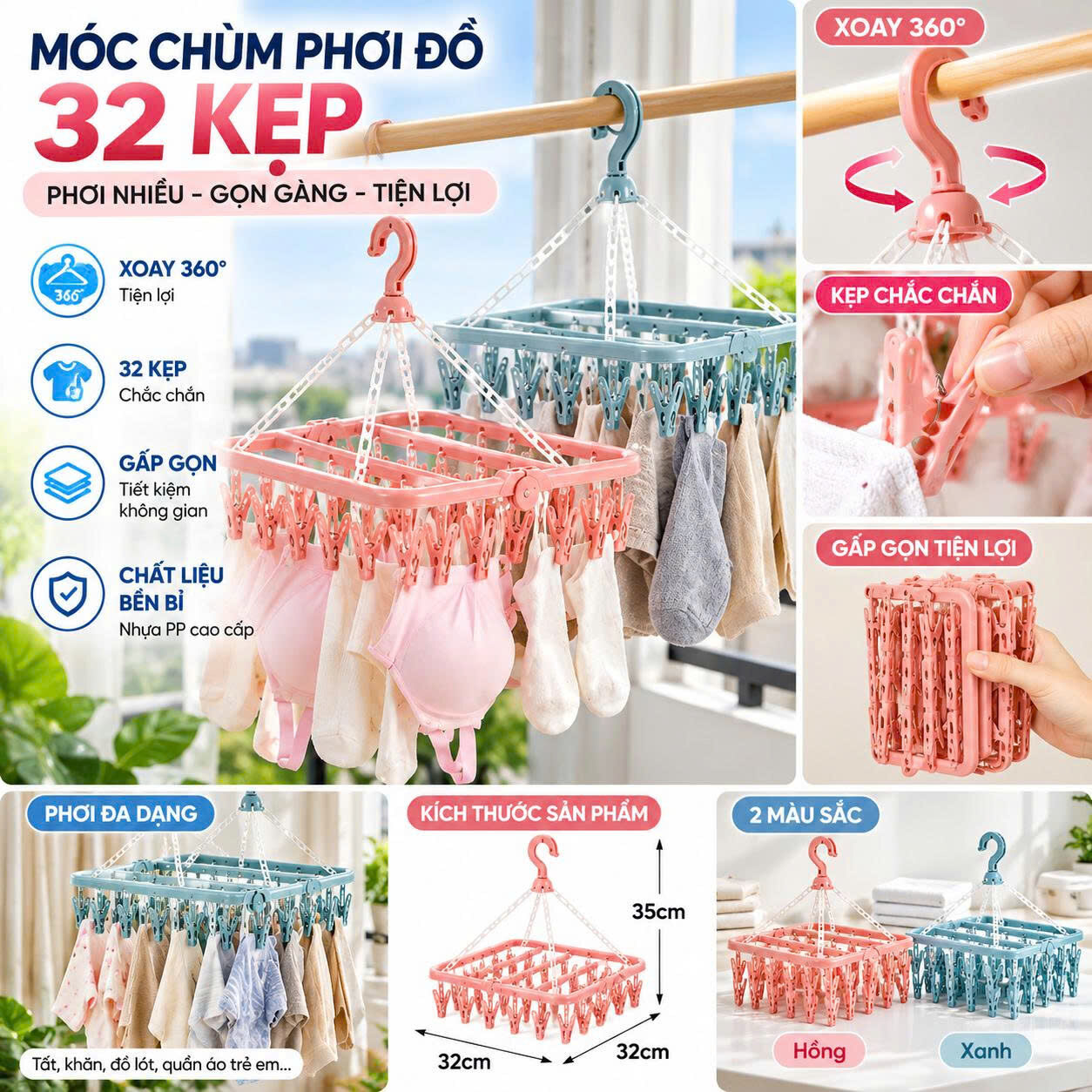 MÓC TREO QUẦN ÁO ĐA NĂNG 32 KẸP