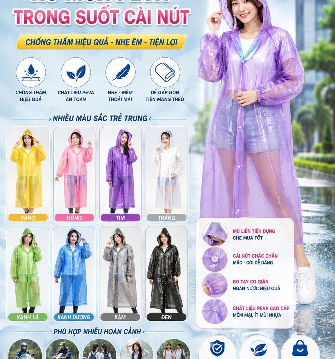 ÁO MƯA PEVA TRONG CÀI NÚT NHIỀU MÀU