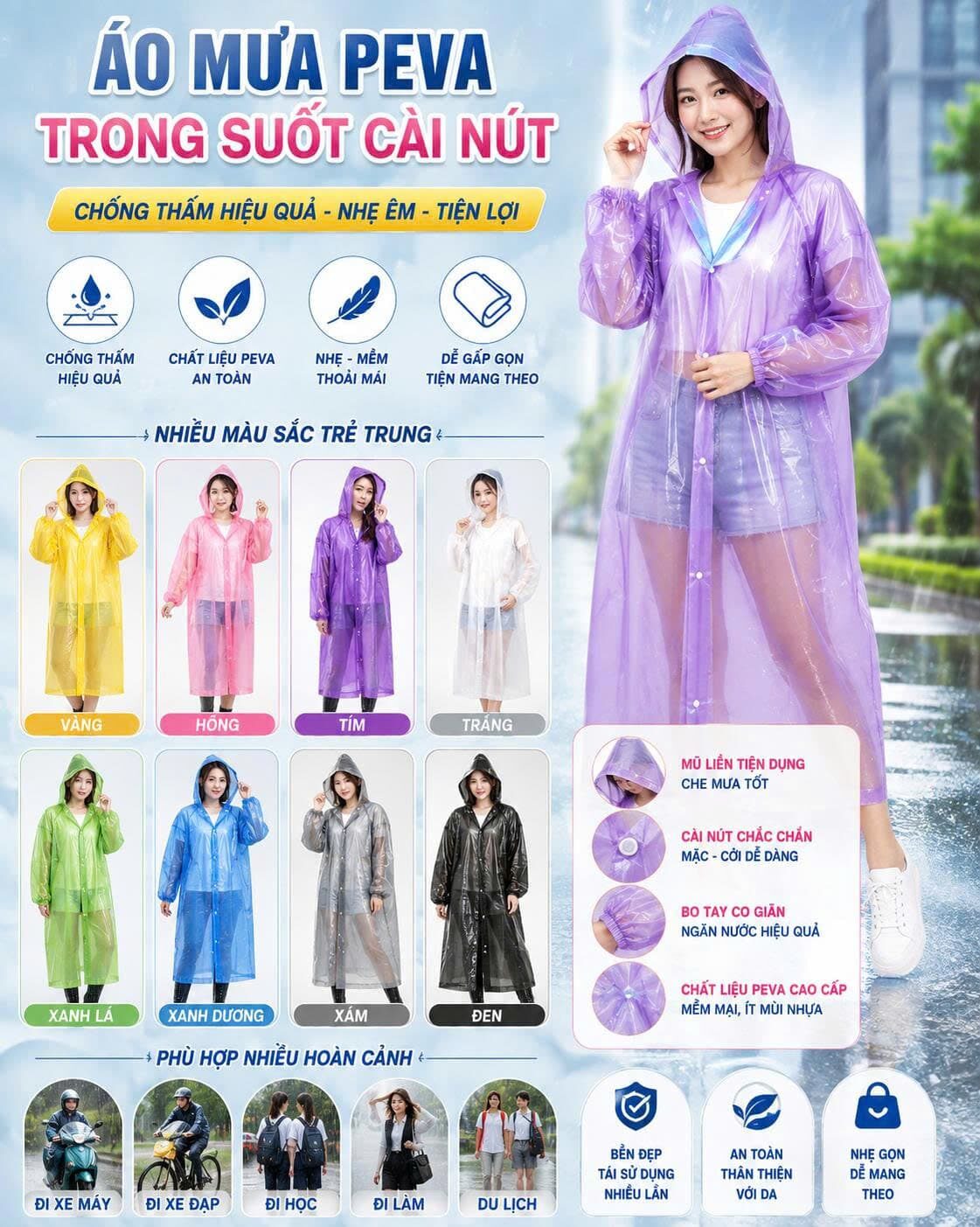 ÁO MƯA PEVA TRONG CÀI NÚT NHIỀU MÀU