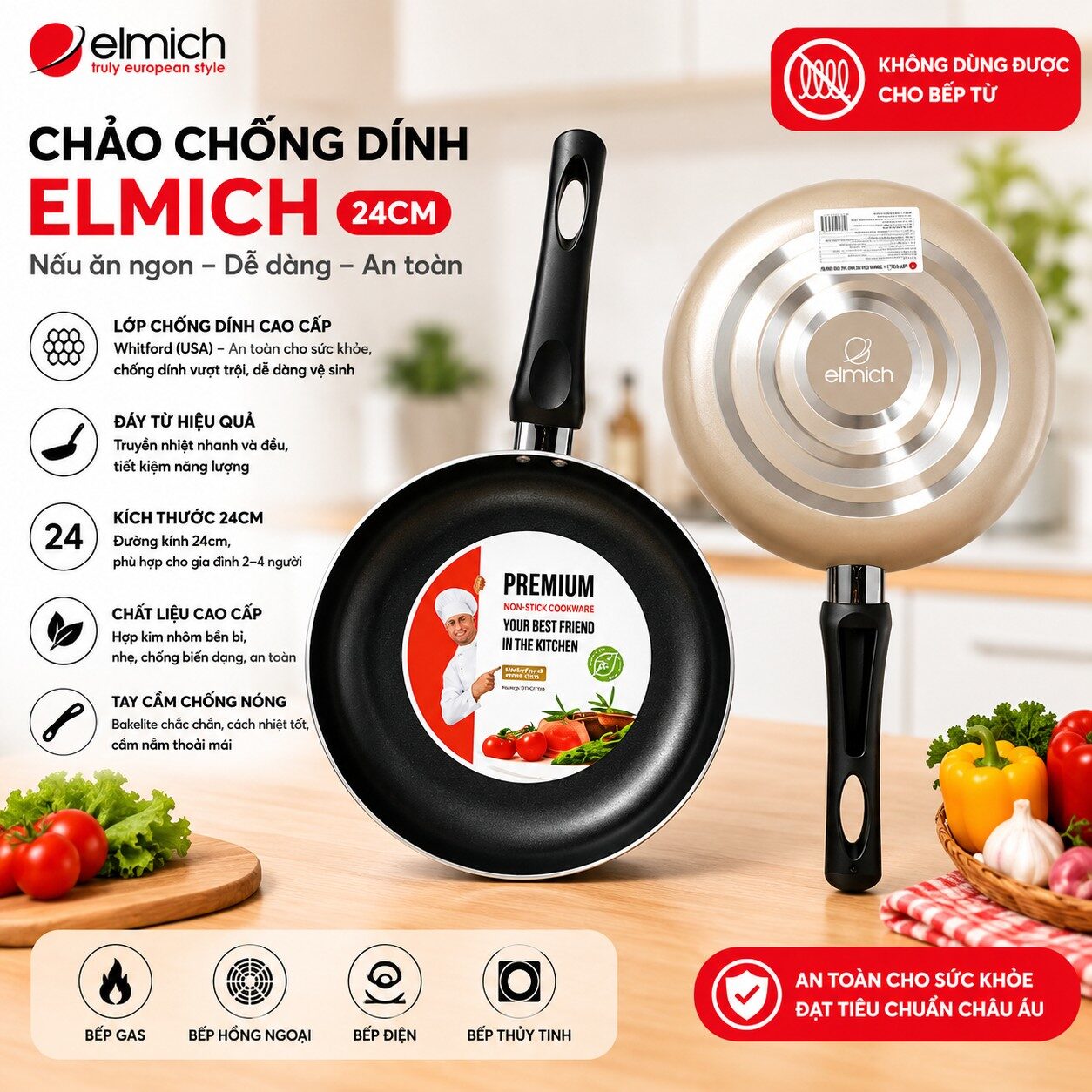 CHẢO CHỐNG DÍNH ELMICH 24CM CHỐNG DÍNH