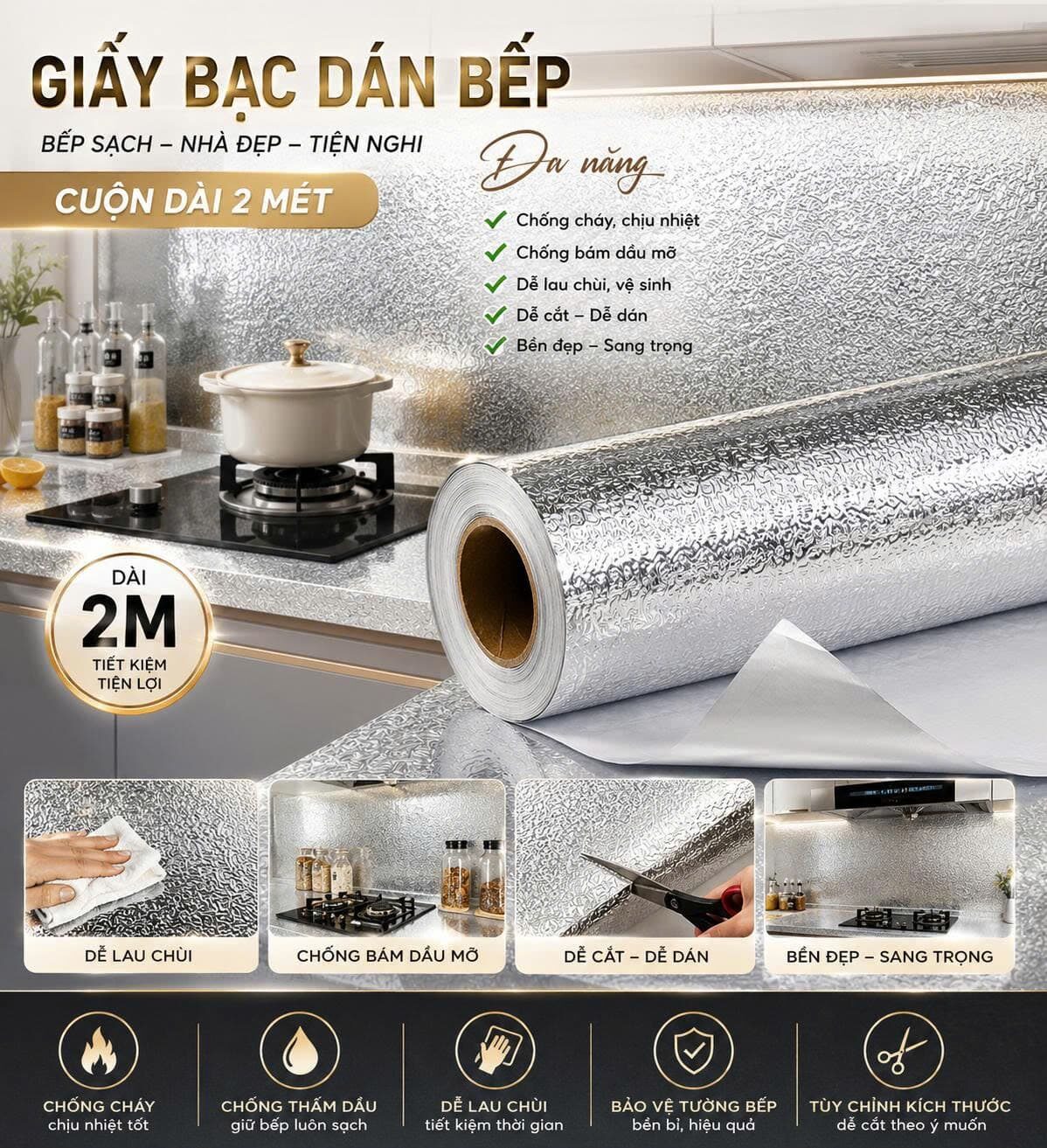 GIẤY BẠC DÁN BẾP CÁCH NHIỆT 2M