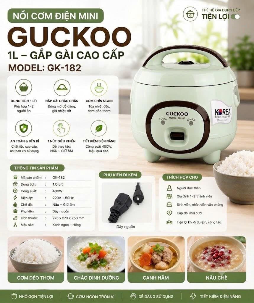 NỒI CƠM ĐIỆN GUCKOO GK-182 1.0L NẮP GÀI