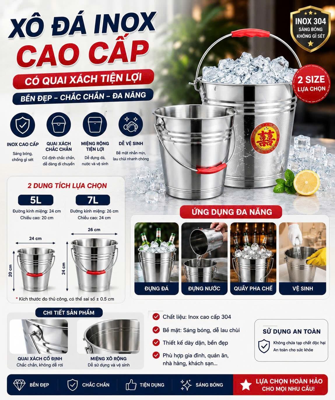 XÔ ĐÁ INOX CÓ QUAI XÁCH 5L -7L 1 XÔ ĐÁ INOX CÓ QUAI XÁCH 5L -7L