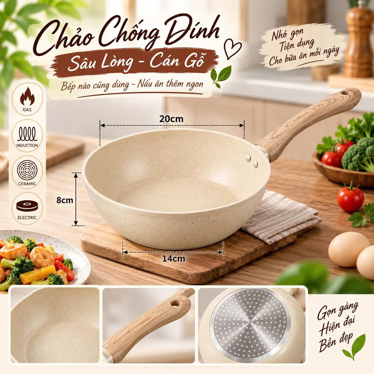 CHẢO CHỐNG DÍNH SÂU LÒNG CÁN GỖ 20CM
