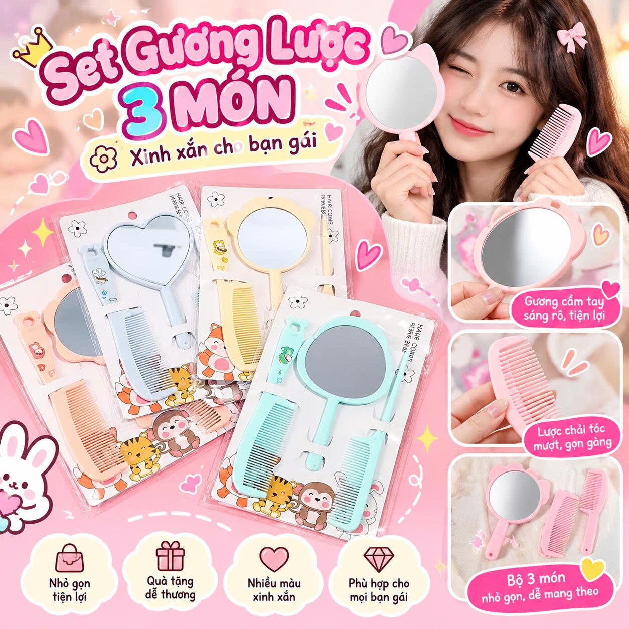 SET GƯƠNG LƯỢC CẦM TAY 3 MÓN