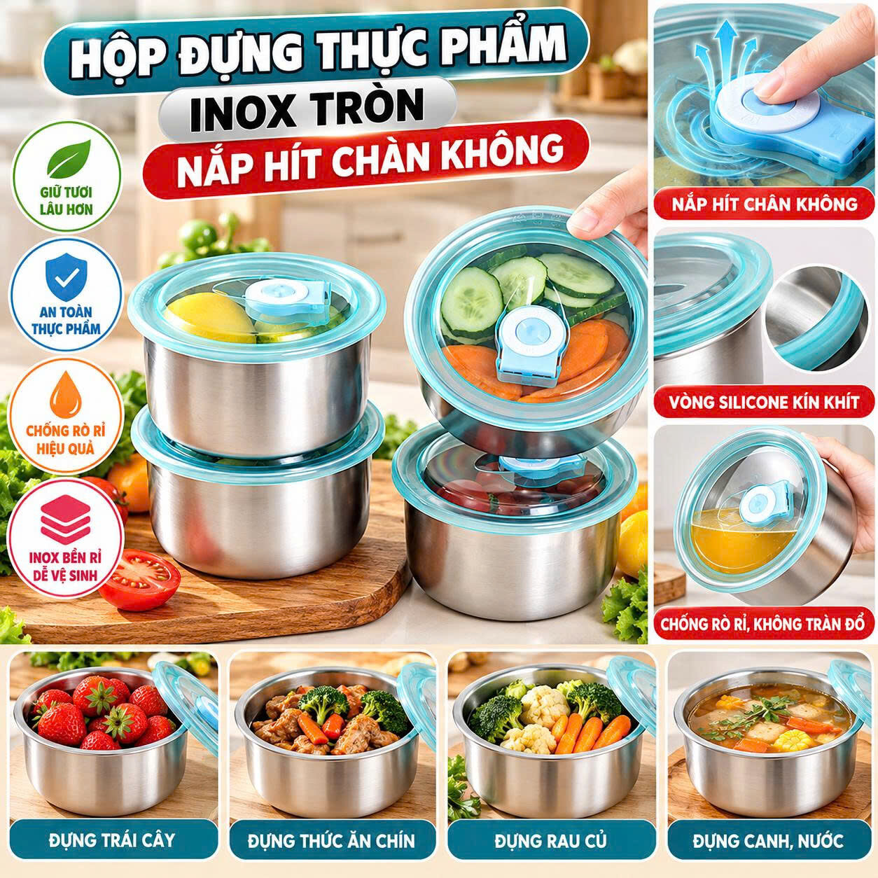 HỘP INOX TRÒN ĐỰNG THỰC PHẨM CÓ NẮP