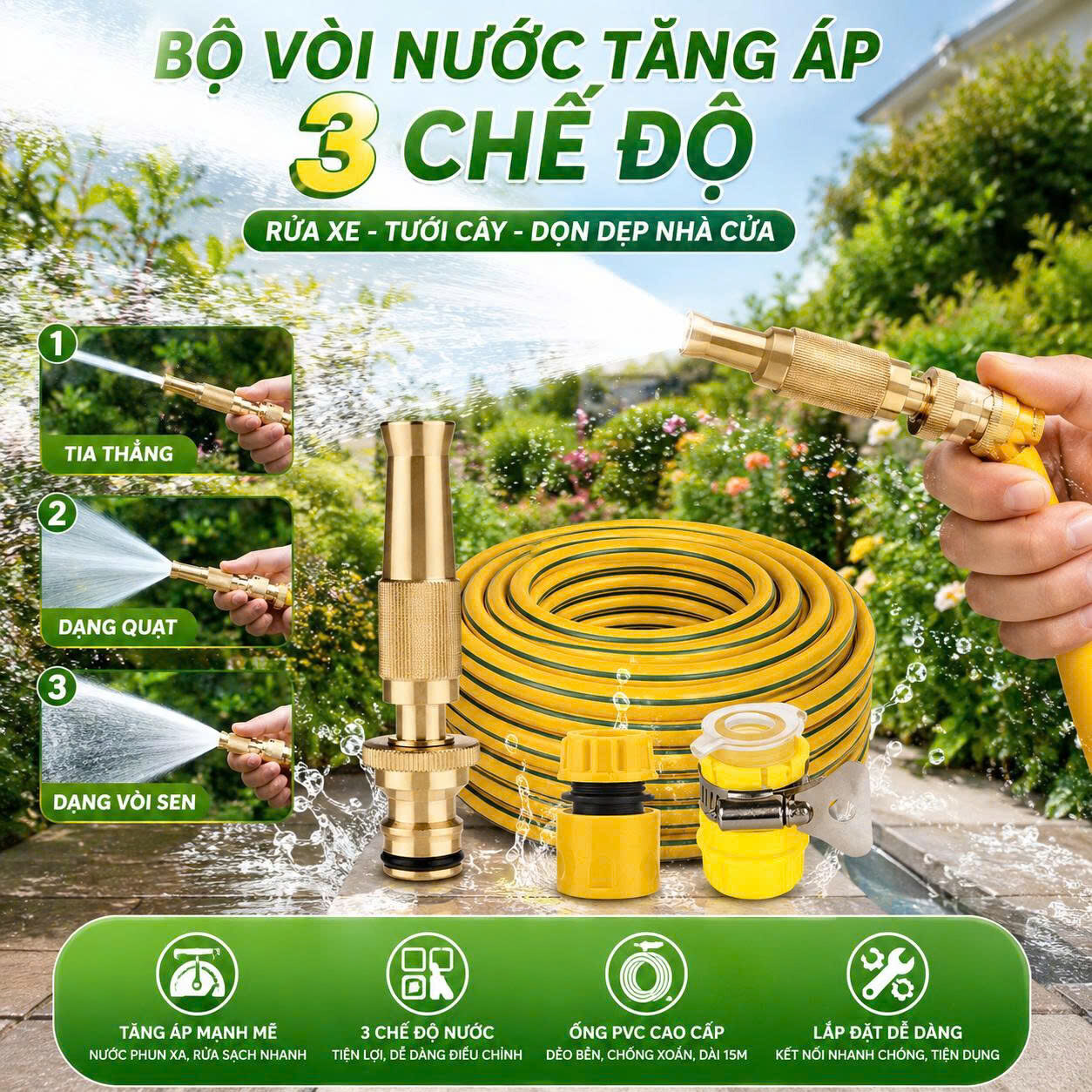VÒI RỬA XE TĂNG ÁP ĐỦ PHỤ KIỆN (BỘ VÒI TĂNG ÁP 15M) 12 5 96
