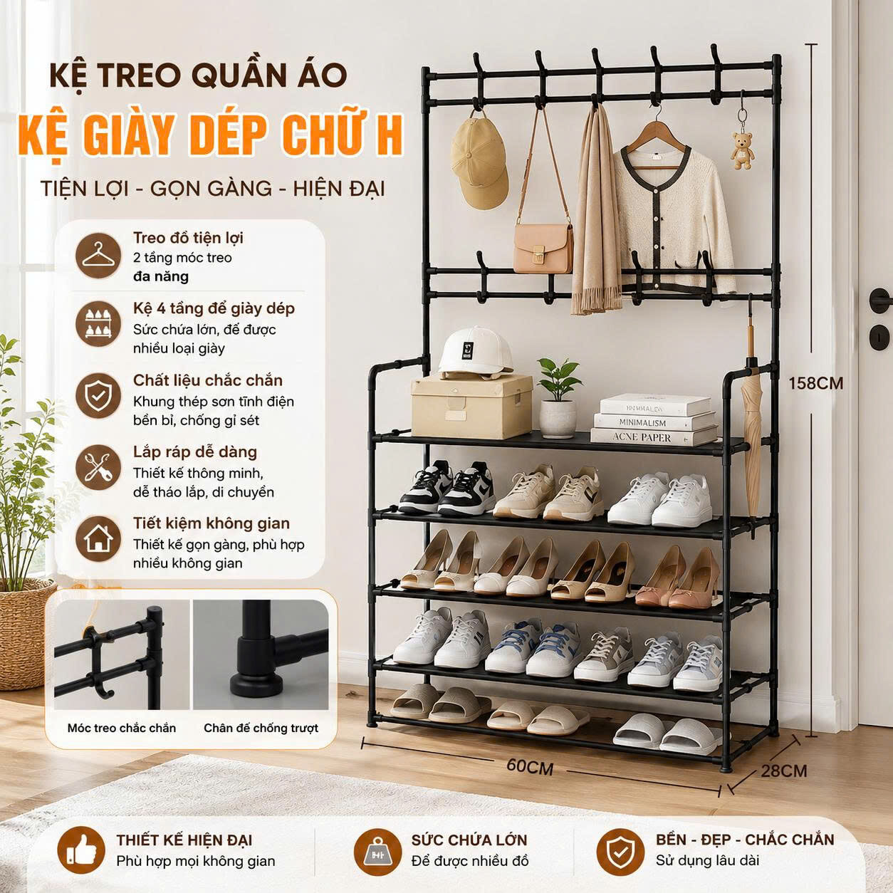 KỆ SẮT TREO QUẦN ÁO, TÚI XÁCH CHỮ H 6 5 98
