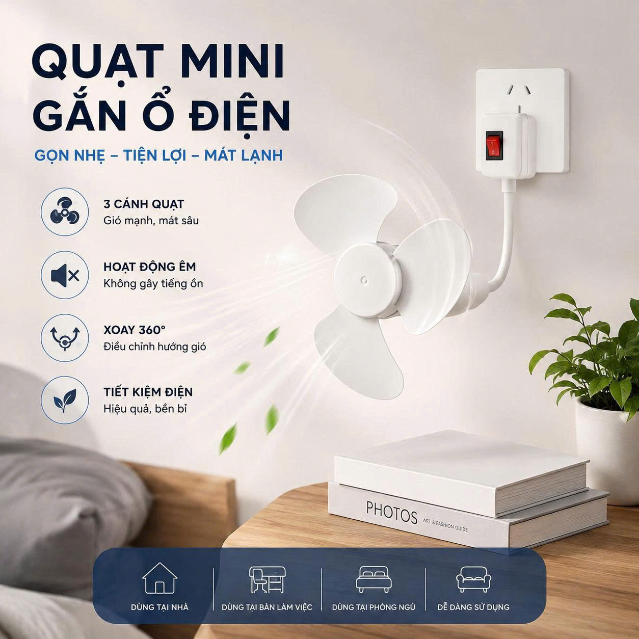 QUẠT MINI GẮN Ổ ĐIỆN CÓ KÈM CHUÔI