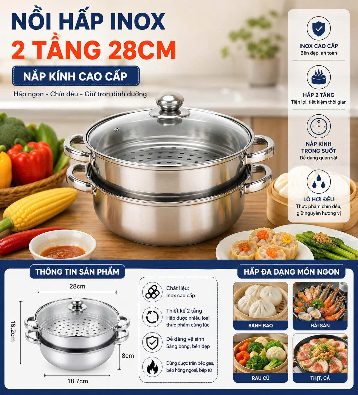 BỘ NỒI HẤP INOX 2 TẦNG THÁI (28CM) 1 BỘ NỒI HẤP INOX 2 TẦNG THÁI (28CM)