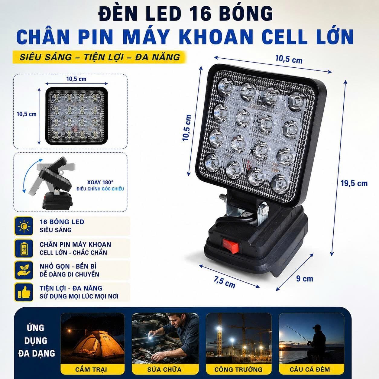 ĐÈN LED 16 BÓNG XÀI PIN MÁY KHOAN