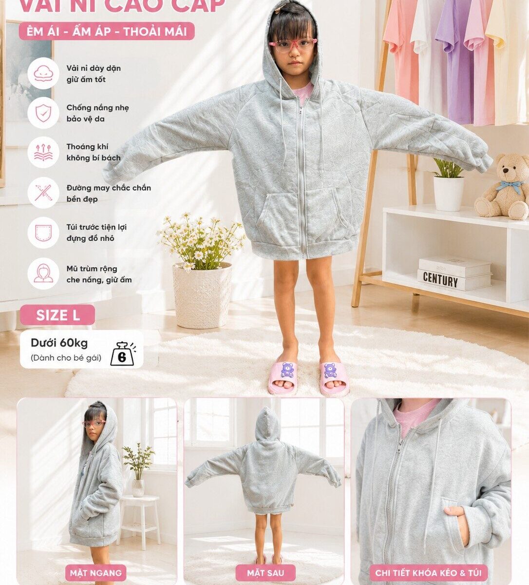 Áo khoát nữ màu xám Vải nỉ thoáng mát size L