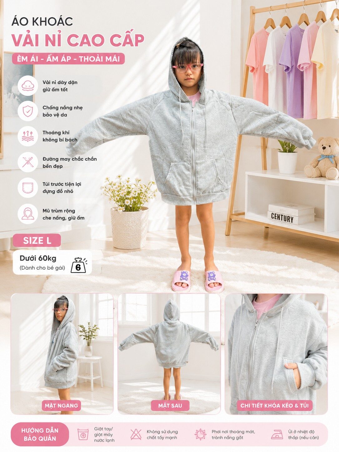 Áo khoát nữ màu xám Vải nỉ thoáng mát size L