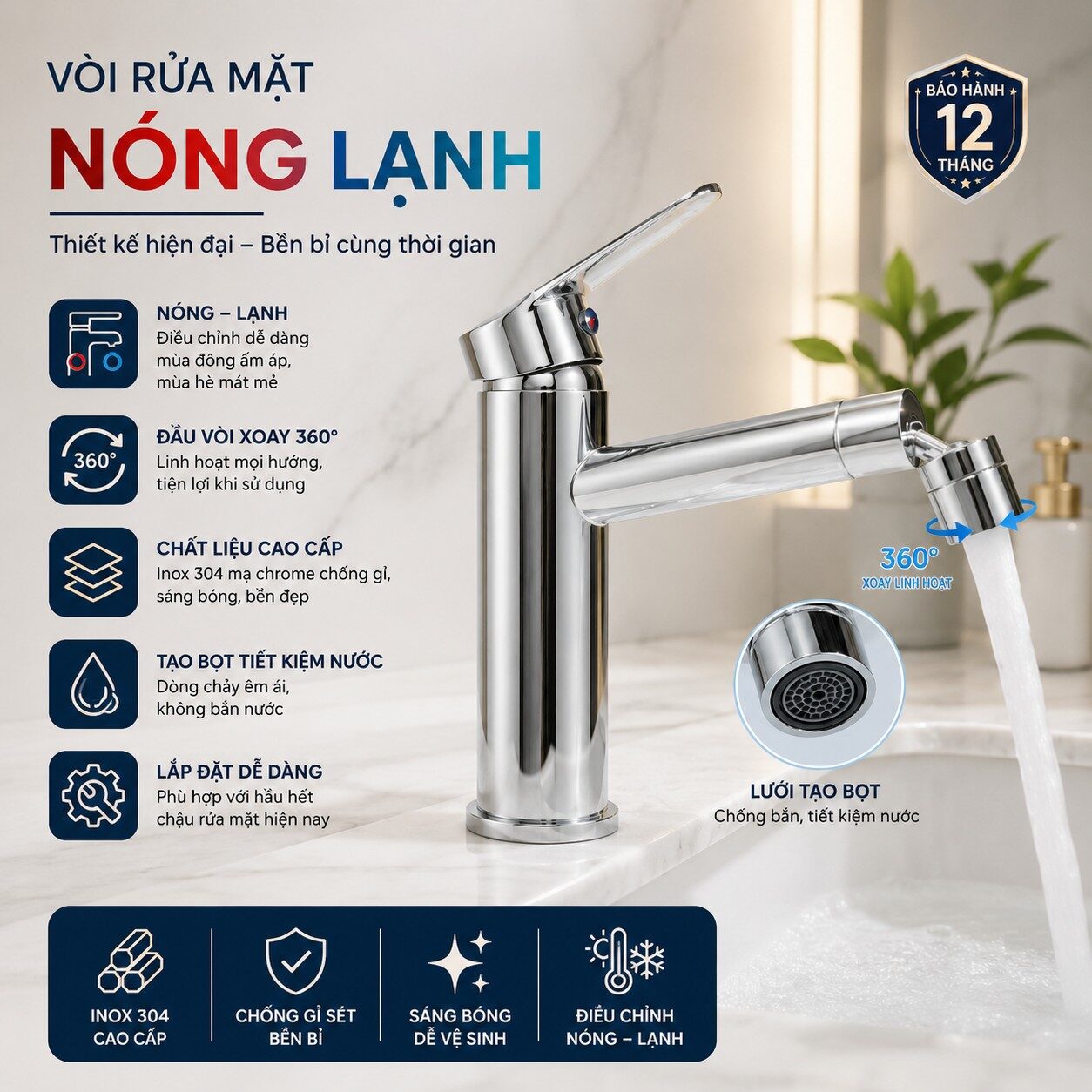 VÒI RỬA MẶT NÓNG LẠNH INOX 360