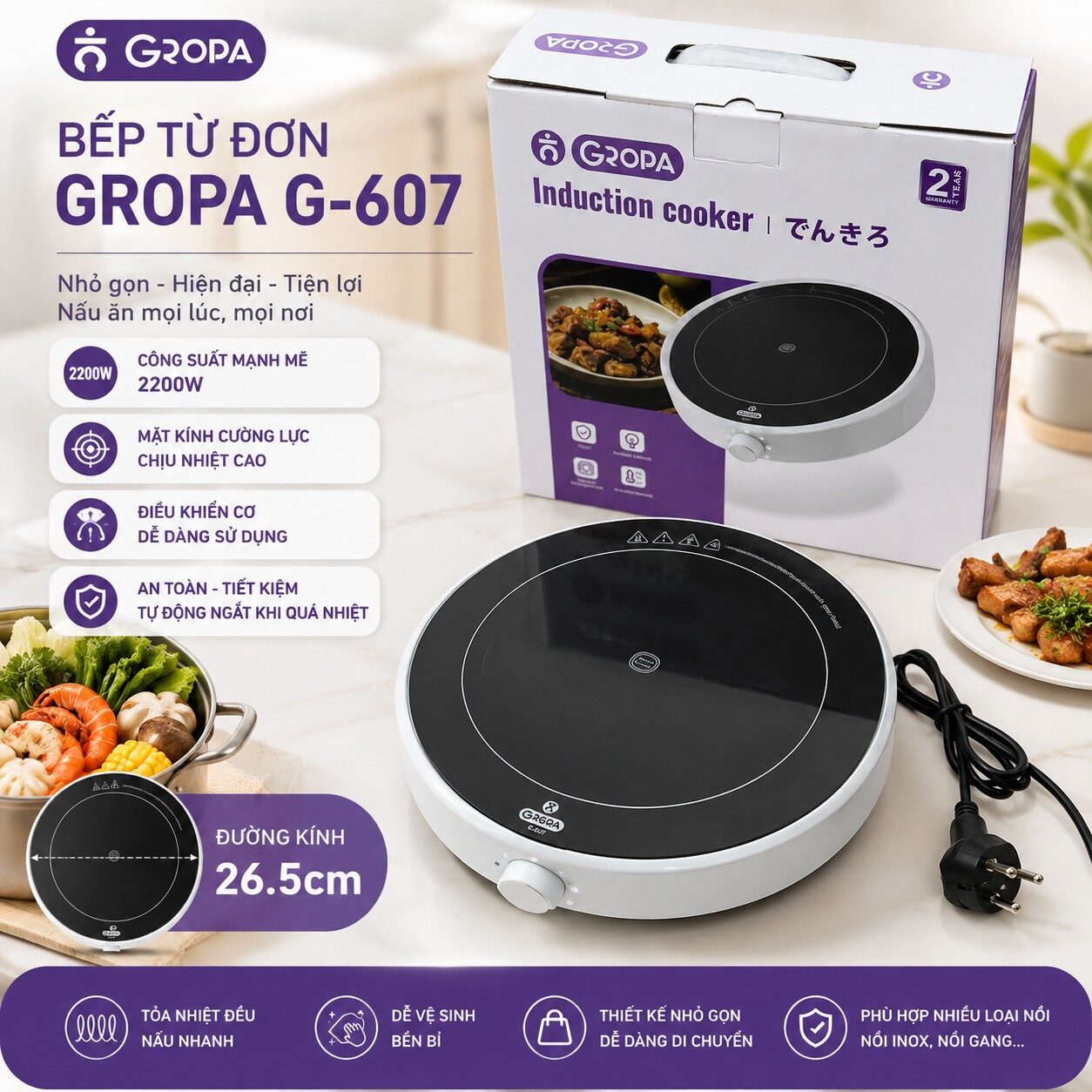 BẾP TỪ ĐƠN GROPA G2-607 ĐƯỜNG KINH 26.5CM