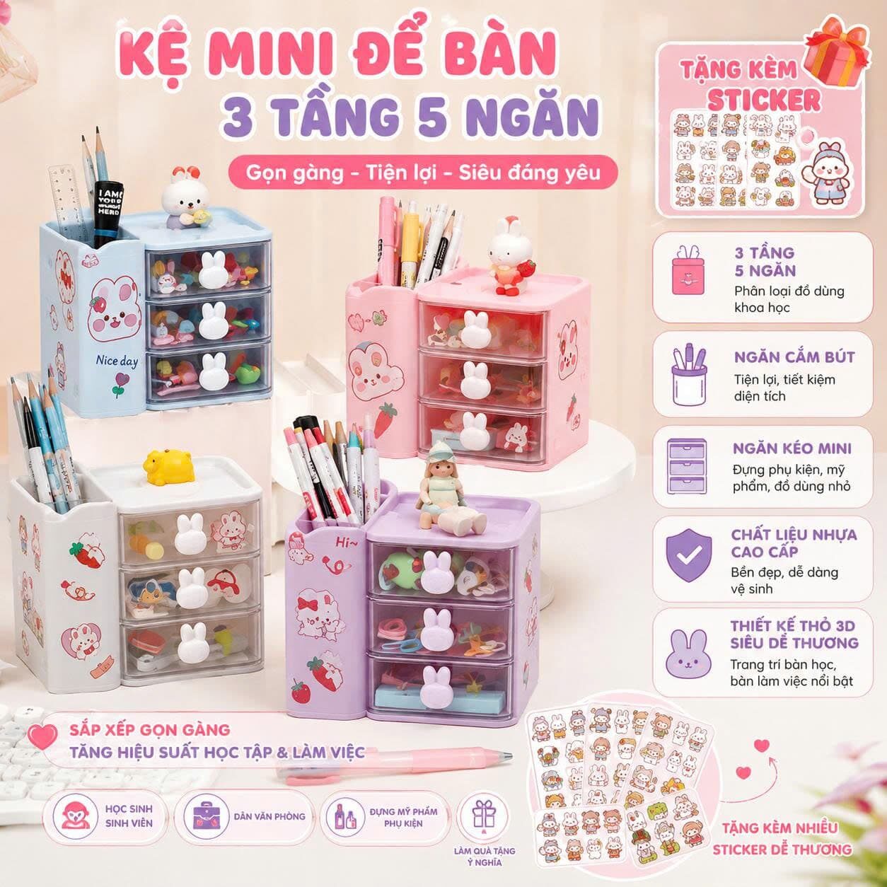 HỘP CẮM BÚT 3 TẦNG 5 NGĂN THỎ