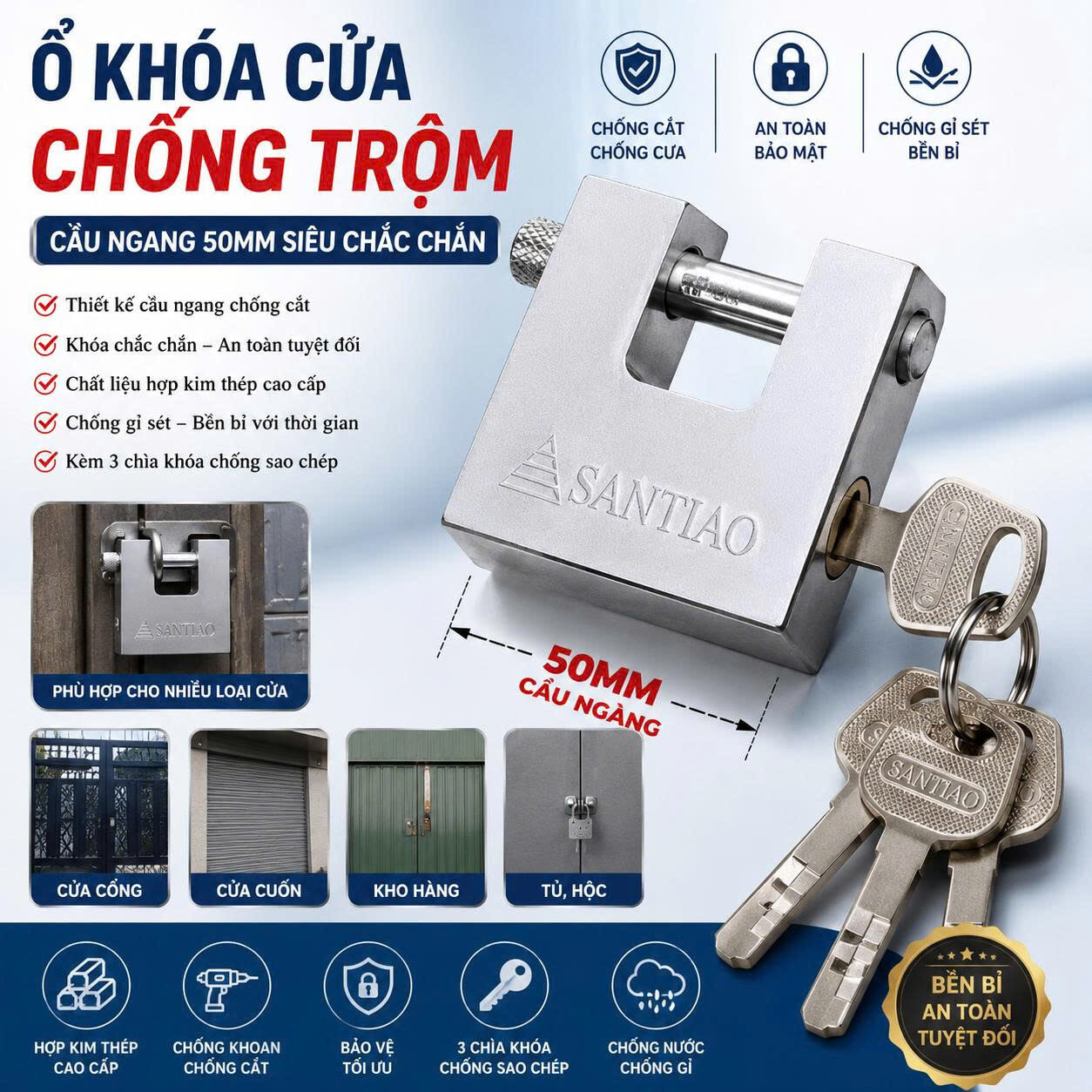 Ổ KHOÁ VUÔNG CẦU NGANG SANTIAO 50MM