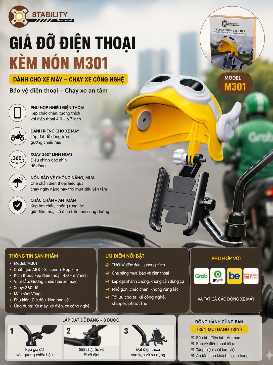GIÁ ĐỠ ĐIỆN THOẠI XE MÁY M301-( NÓN VÀNG)