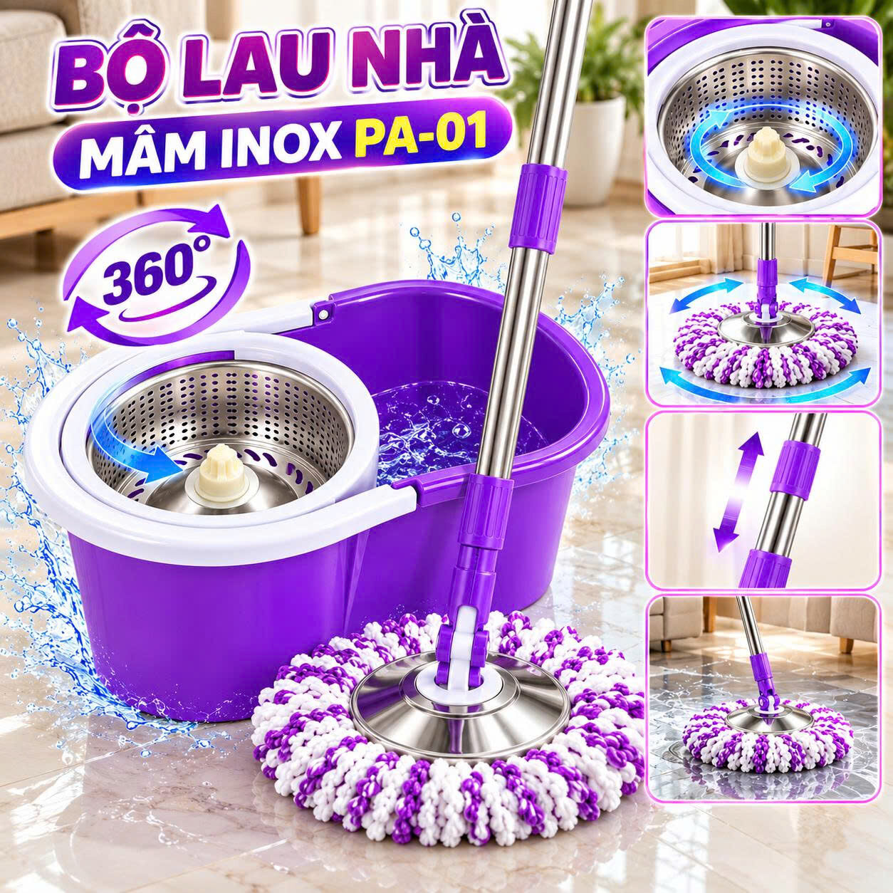 BỘ LAU NHÀ LỒNG INOX + MÂM INOX PA-01