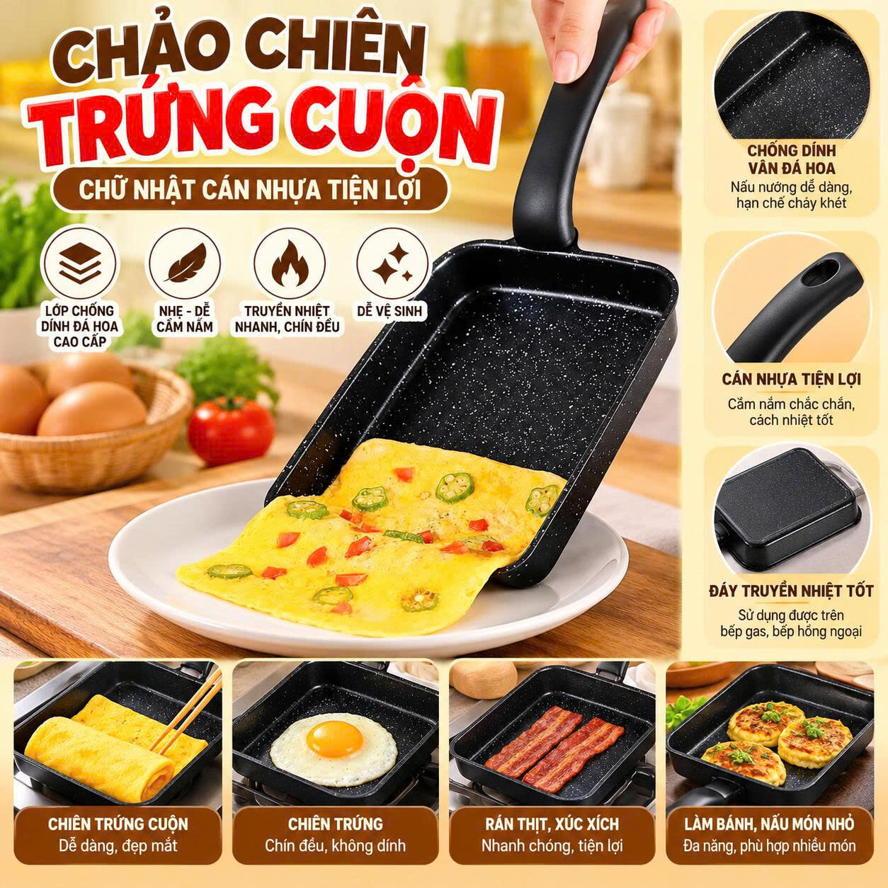CHẢO CHIÊN TRỨNG CUỘN VUÔNG CÁN NHỰA