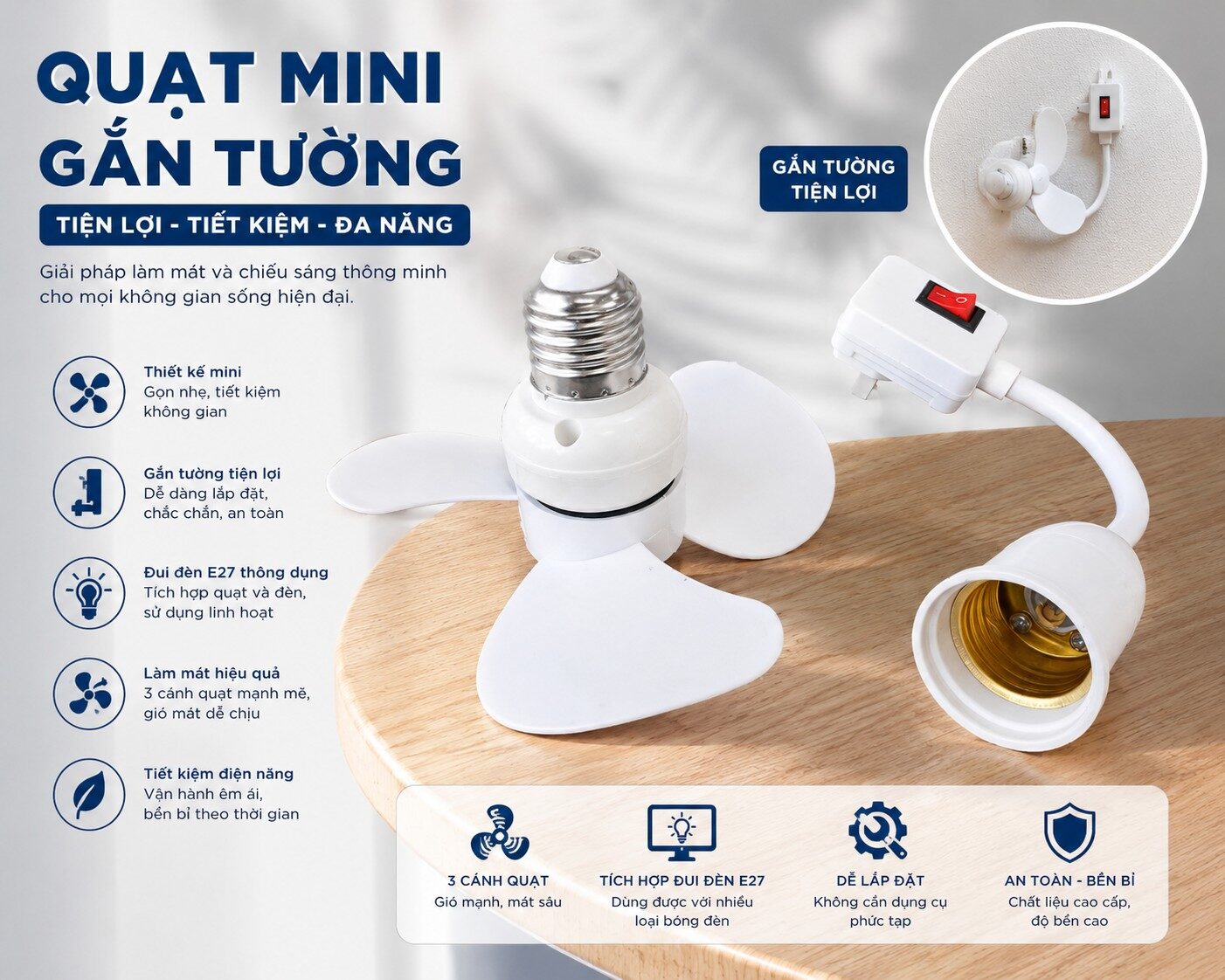 QUẠT MINI GẮN Ổ ĐIỆN CÓ KÈM CHUÔI