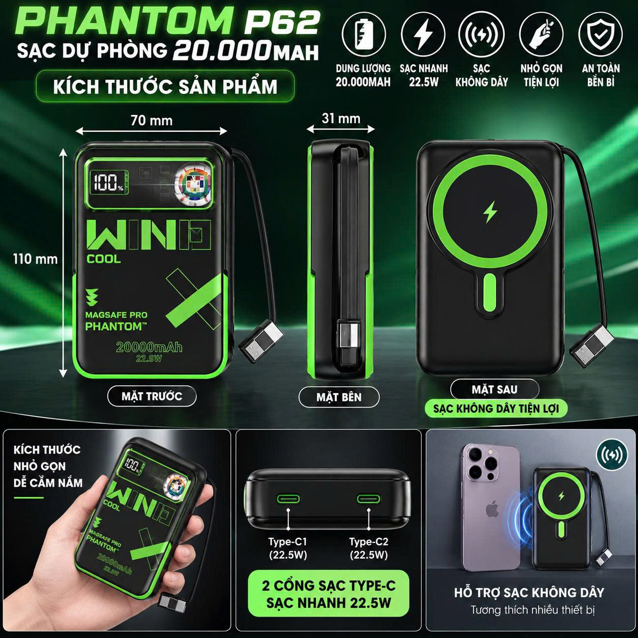 SẠC DỰ PHONG PHANTOM P62 20.000MAH 2 SẠC DỰ PHONG PHANTOM P62 20.000MAH - Ảnh 2