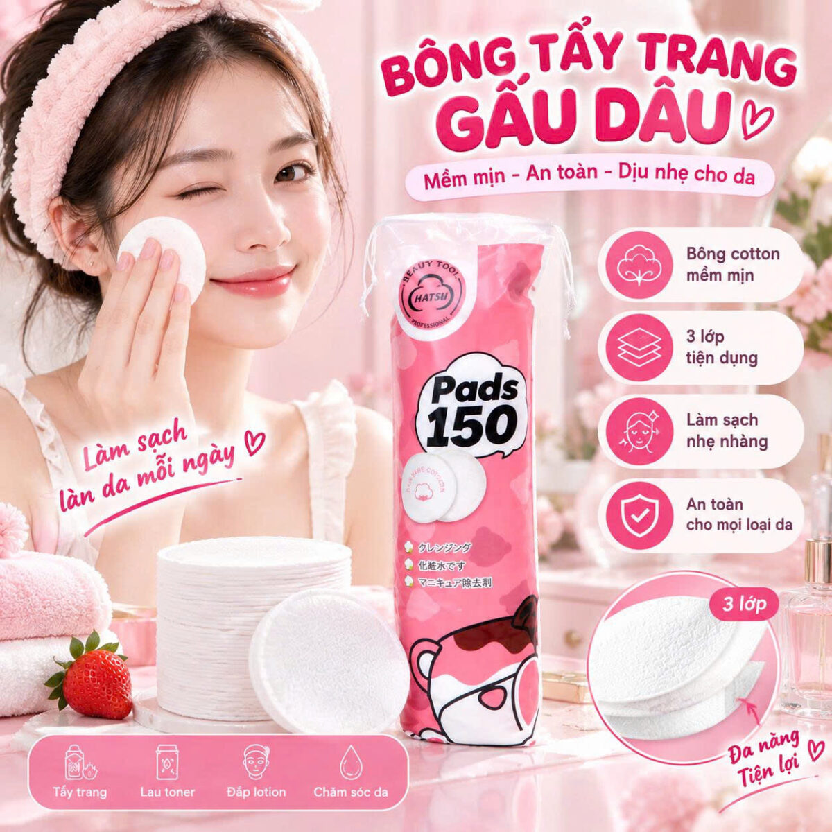 BÔNG TÂY TRANG TRÒN GẤU DÂU 150PCS