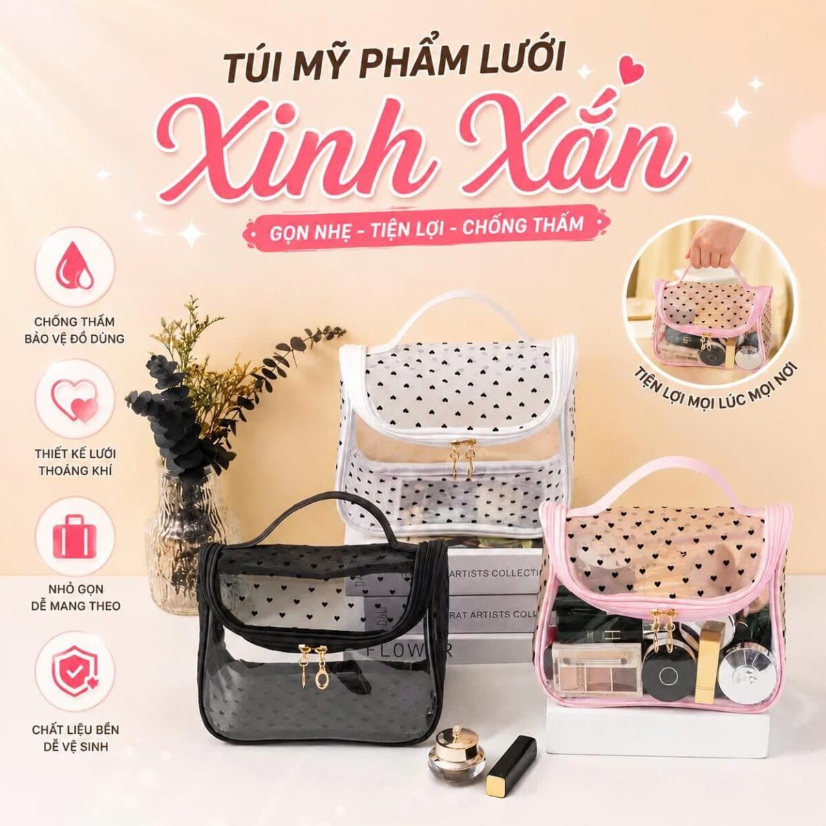 TÚI ĐỰNG MỸ PHẨM TRONG SUỐT TRÁI TIM