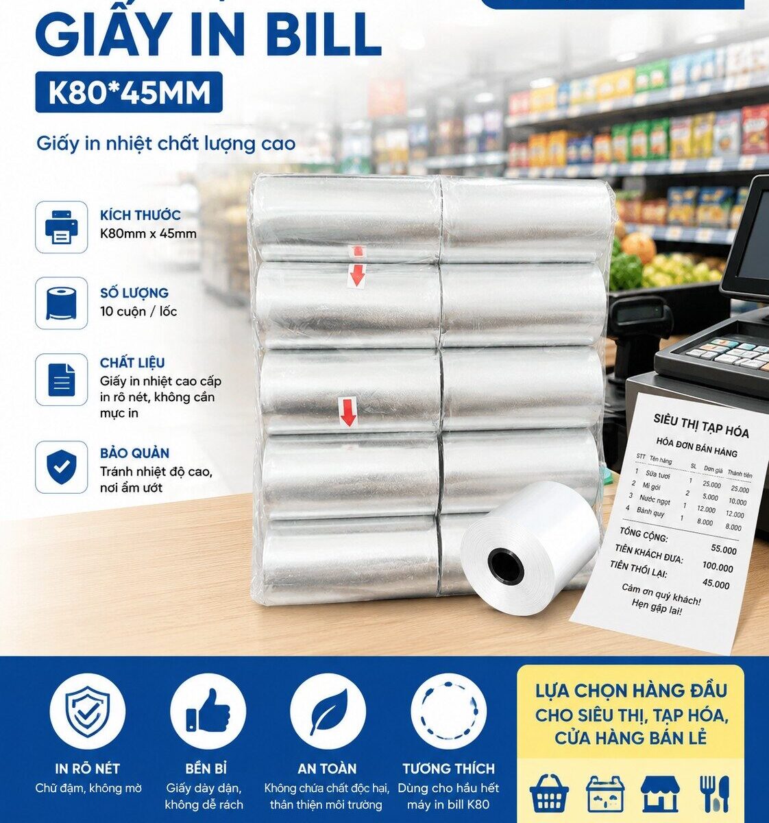 LỐC 10 CUỘN GIẤY IN BILL K80 * 45MM