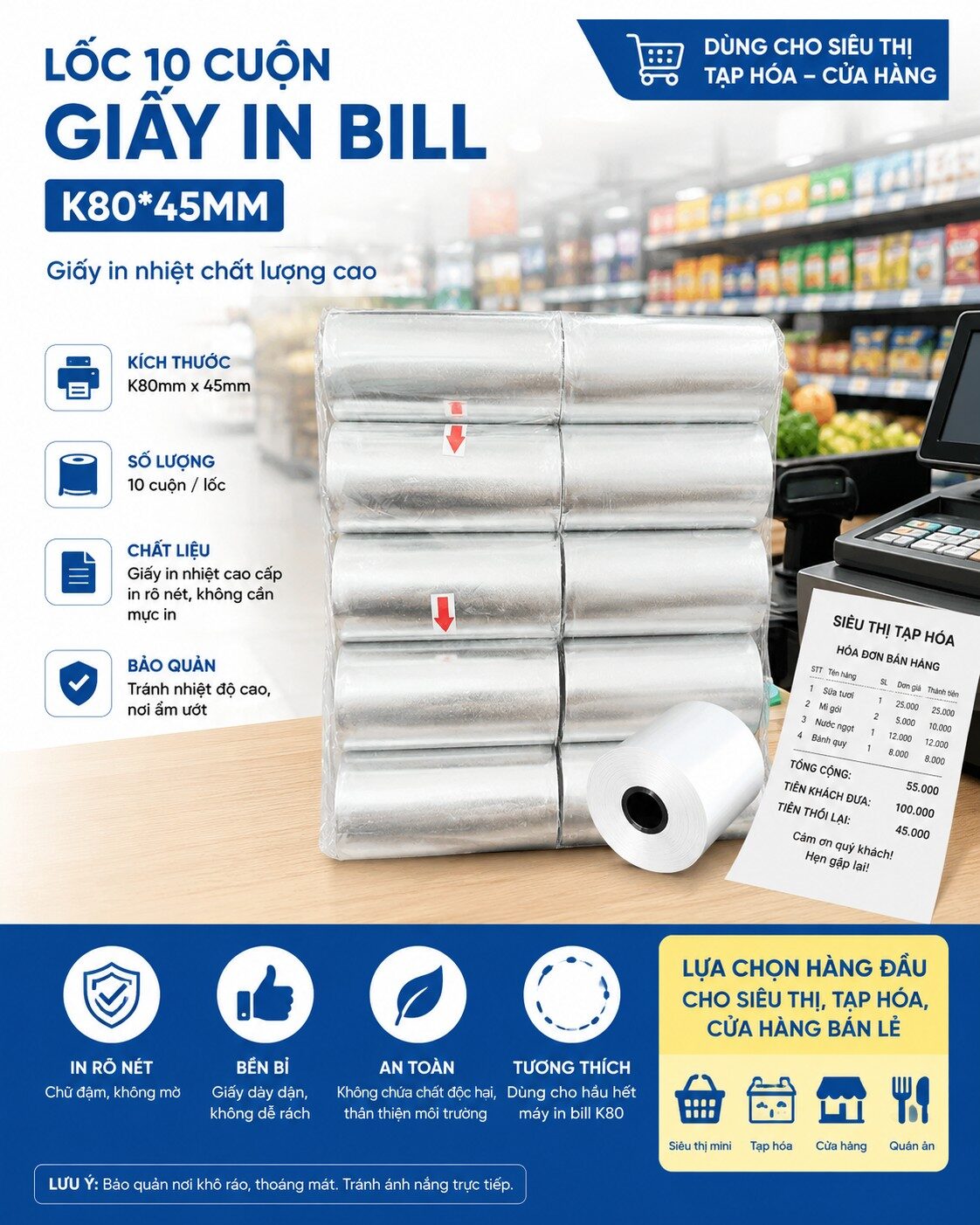 LỐC 10 CUỘN GIẤY IN BILL K80 * 45MM