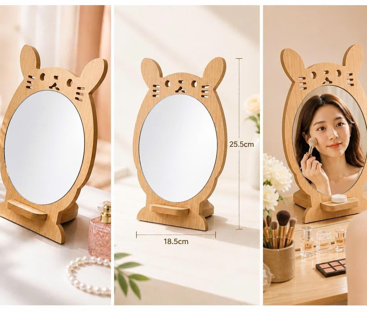 GƯƠNG TRANG ĐIÊM ĐỂ BÀN ĐẾ GỖ TAI MÈO