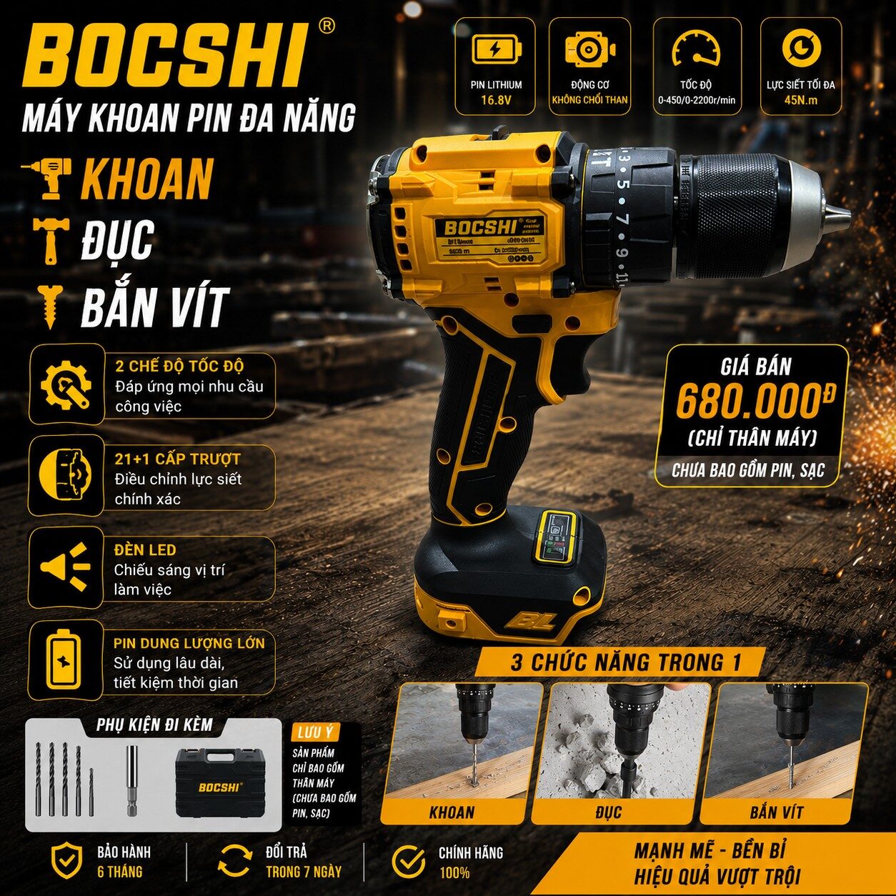 MÁY KHOAN PIN BOCSHI ( CHƯA PIN + SẠC)