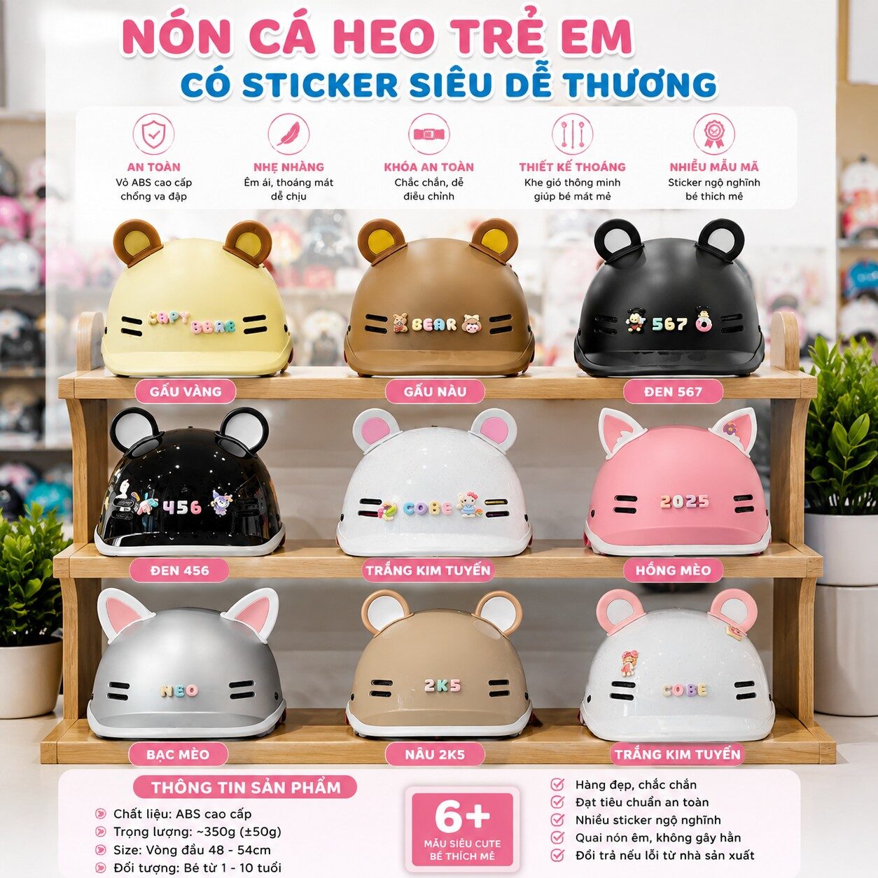 NÓN BẢO HIỂM CÁ HEO TRẺ EM STICKER TAI THỎ