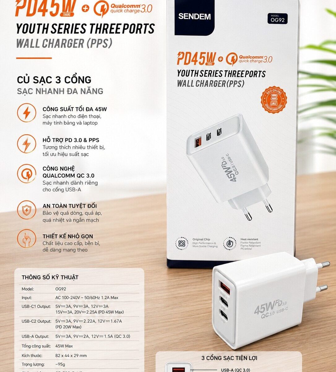 CỐC SẠC SEMDEM PD 45W 3 CỔNG SẠC OG92