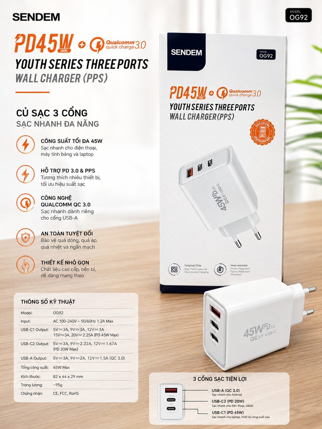 CỐC SẠC SEMDEM PD 45W 3 CỔNG SẠC OG92