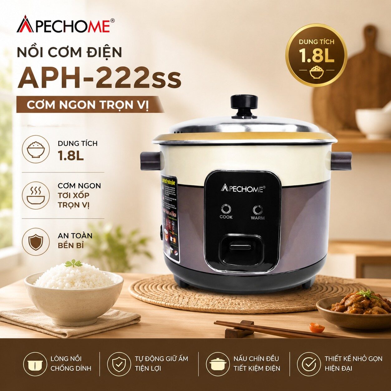 NỒI CƠM ĐIỆN APECHOME APH-222SS ( 1.8L NẮP RỜI)