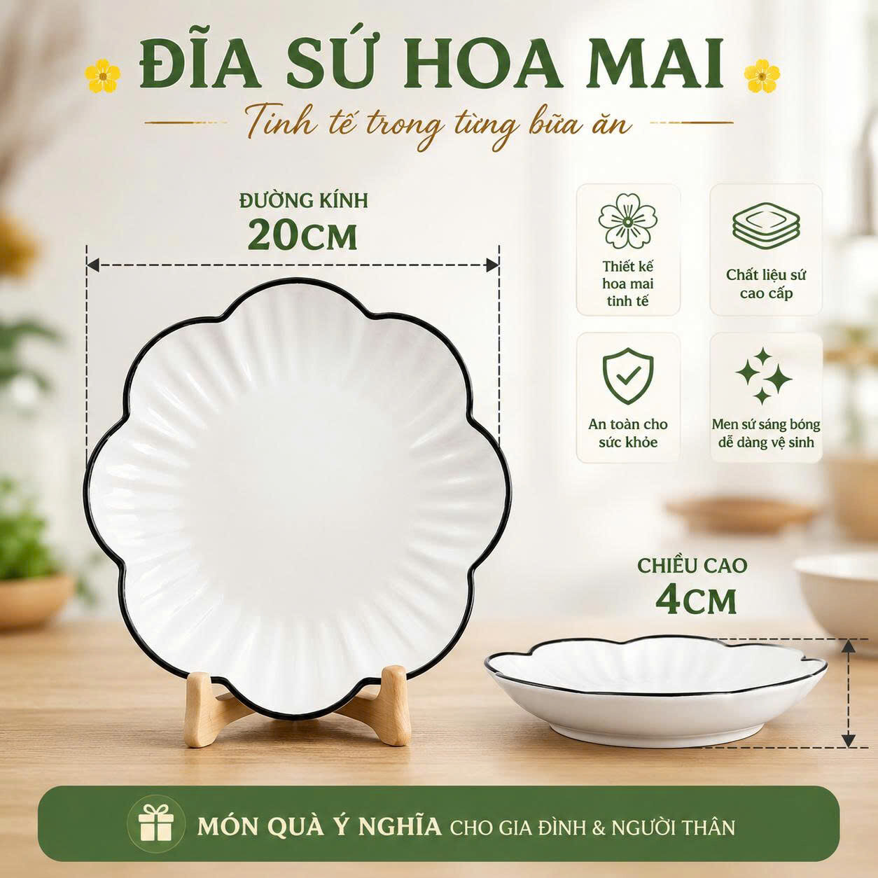 ĐĨA SỨ HOA MAI VIỀN ĐEN 20CM 2 ĐĨA SỨ HOA MAI VIỀN ĐEN 20CM - Ảnh 2