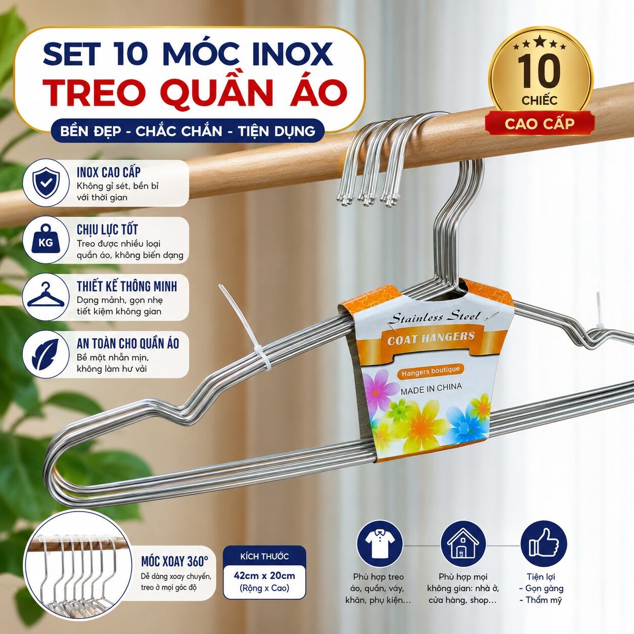 SÉT 10 MÓC QUẦN ÁO INOX 42CM