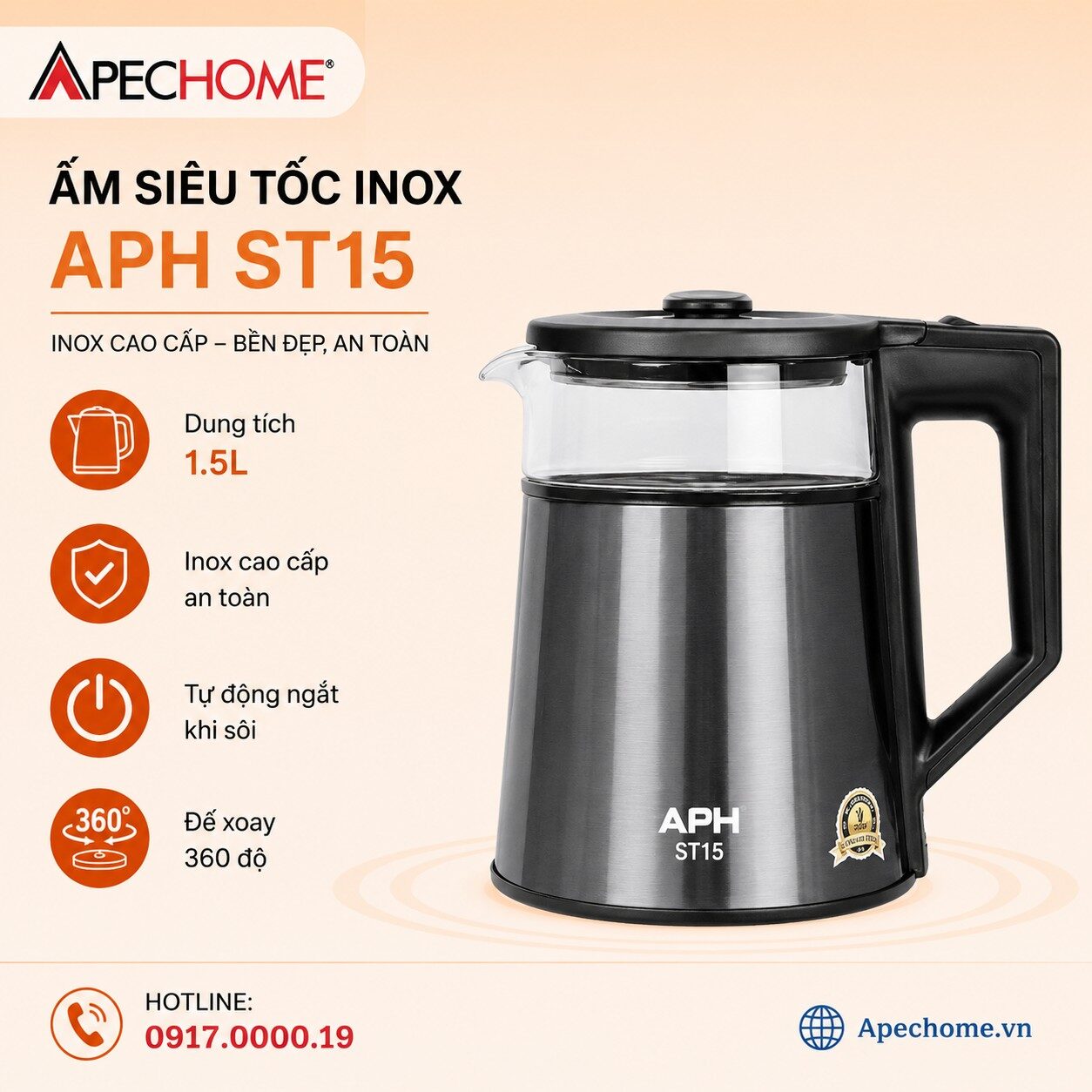 ẤM ĐUN SIÊU TỐC APECHOME ST15G 1.5l