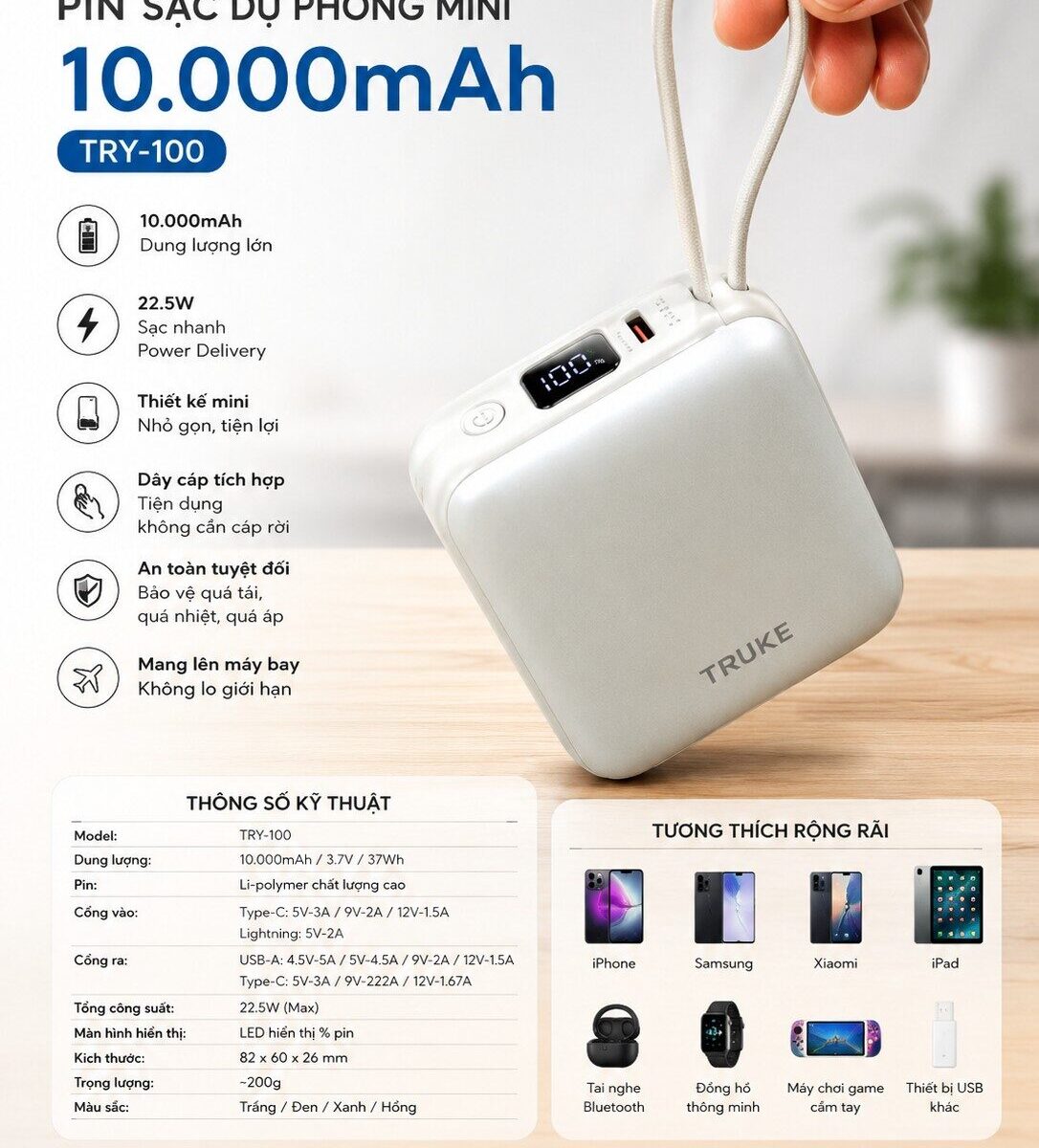 PIN SẠC DỰ PHÒNG MINI TRY100 10.000MAH