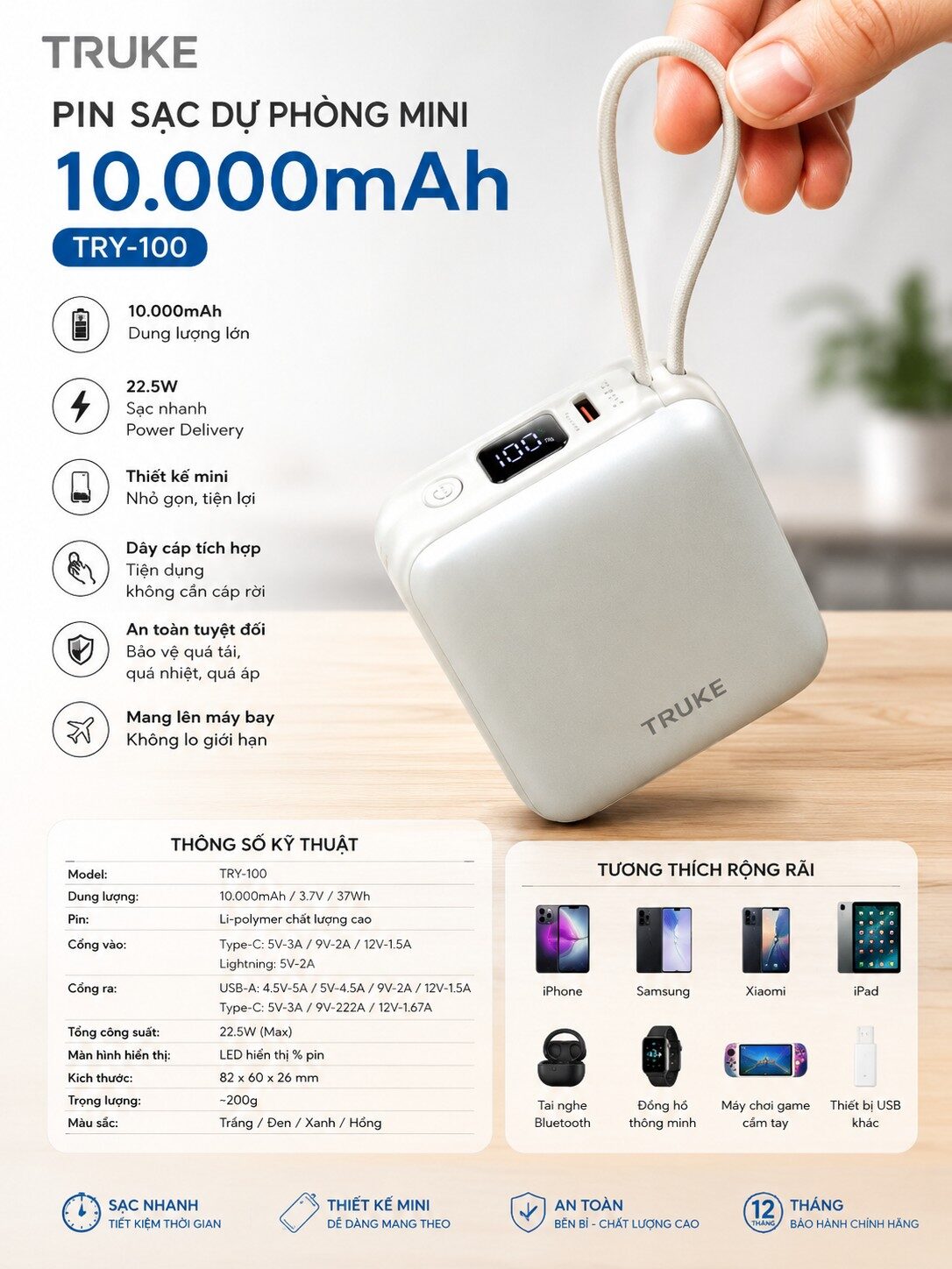 PIN SẠC DỰ PHÒNG MINI TRY100 10.000MAH